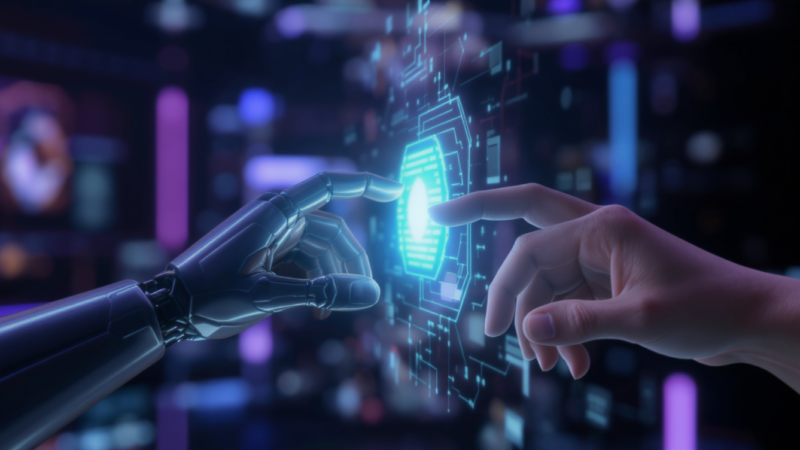 AI automation and human collaboration with robotic hand and holographic interface - KM Digital Solutions