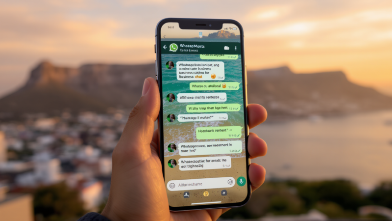 WhatsApp Business marketing on smartphone with Cape Town Table Mountain backdrop - KM Digital Solutions
