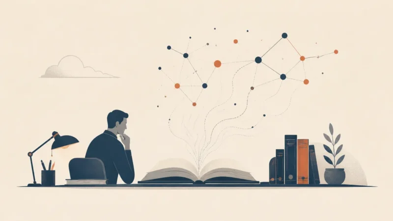 Illustration of a person at a reading desk as the pages of an open book drift upward into a network of connected dots