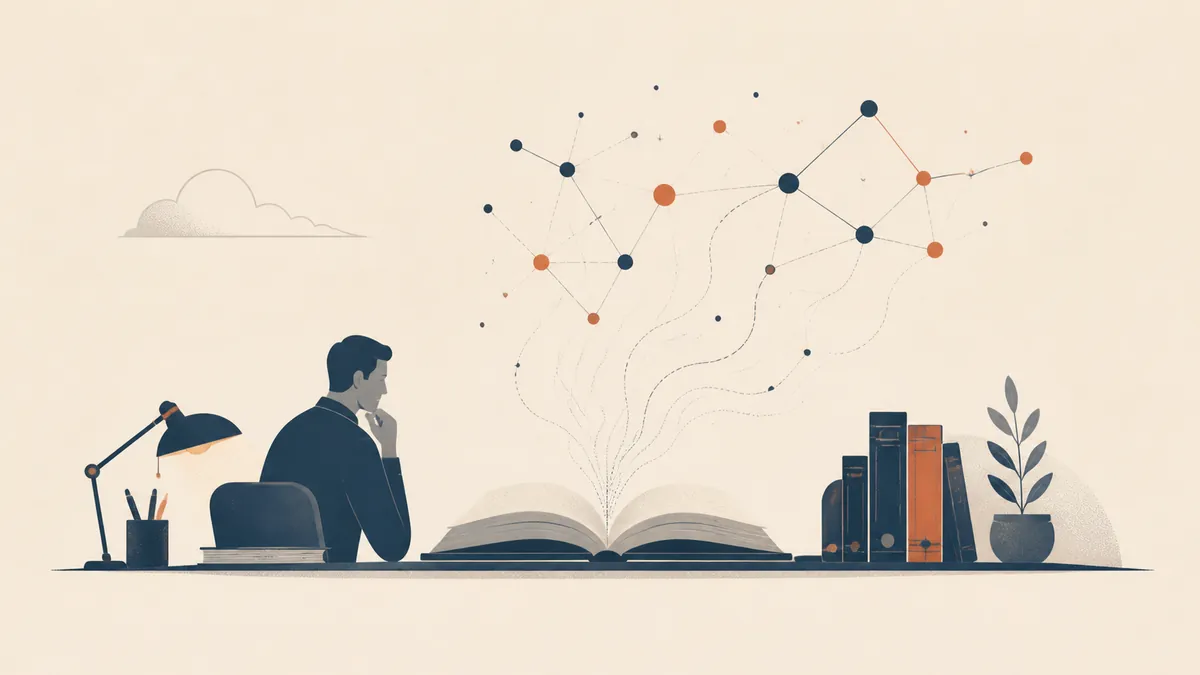 Illustration of a person at a reading desk as the pages of an open book drift upward into a network of connected dots