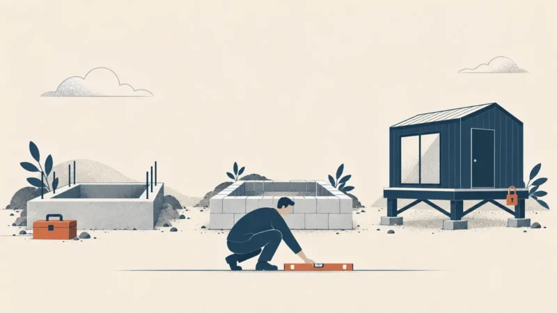 Illustration of a man checking the ground with a terracotta spirit level in front of a concrete foundation, a block foundation and a padlocked cabin on a raised platform