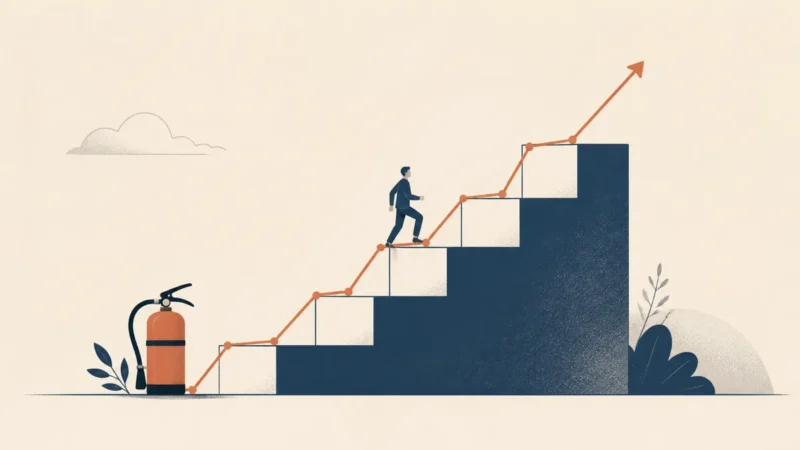 Illustration of a person climbing a staircase that follows a rising terracotta line chart, with a fire extinguisher at its base