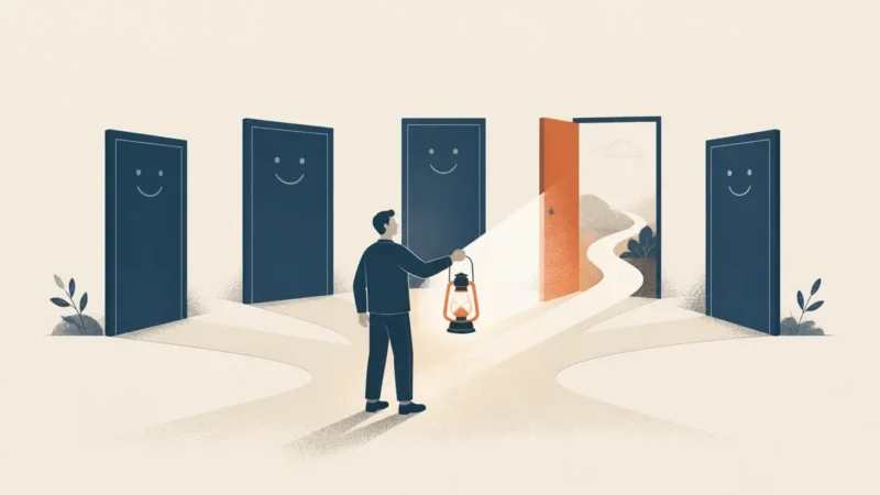Illustration of a person holding a lantern before a row of identical smiling doors, lighting the one open terracotta door with a path behind it