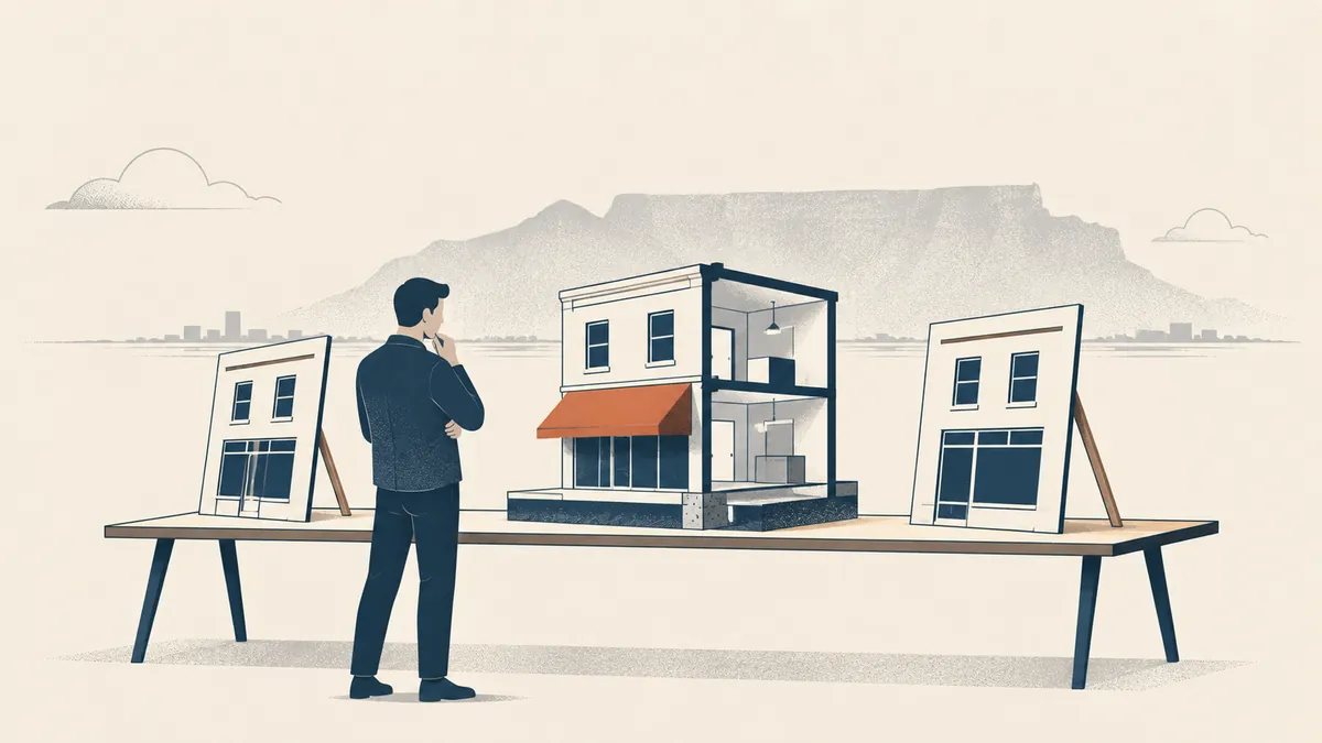 Illustration of a man comparing three shopfront models in front of Table Mountain: two flat propped-up facades and one cut away to show floors and a foundation