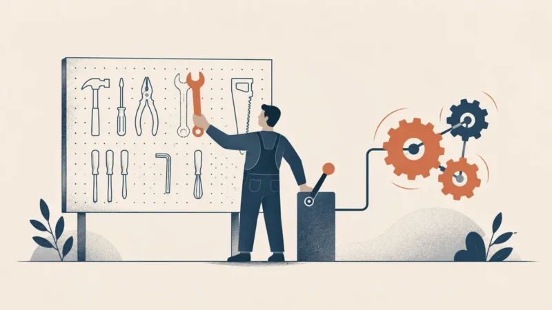 Illustration of a worker fitting a terracotta spanner into its outline on a tool pegboard, beside a lever connected to turning gears