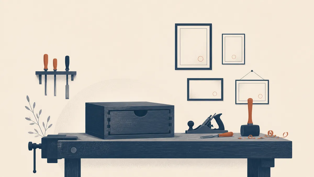 Illustration of a joiner's workbench with a finished dovetailed box, hand tools and blank framed certificates on the wall