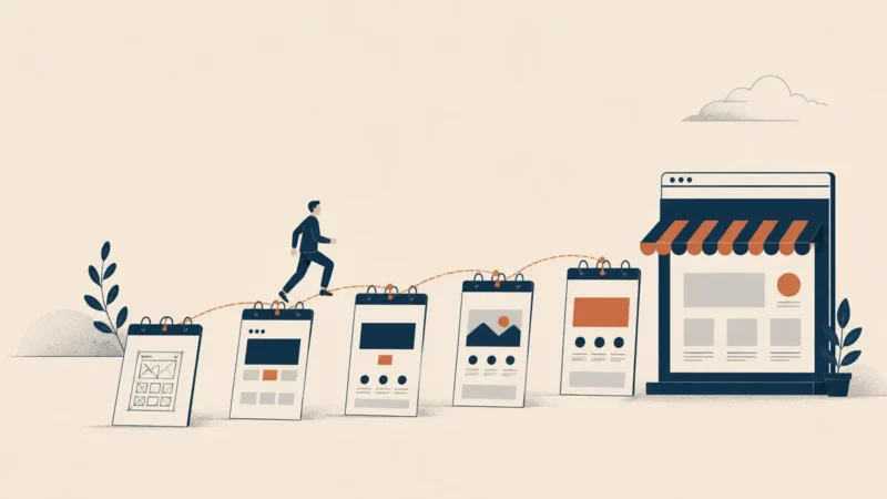 Illustration of a person stepping across five calendar pages, each a more finished web page layout, towards a completed storefront