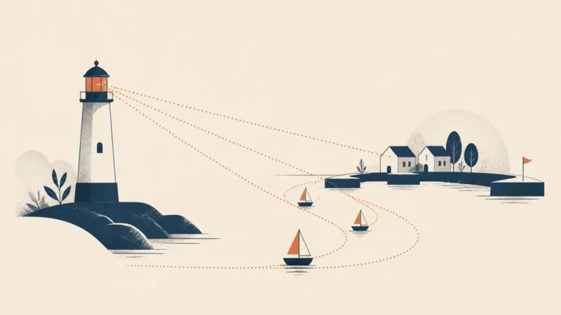 Illustration of a lighthouse whose dotted terracotta beams guide small sailing boats into a harbour beside a village