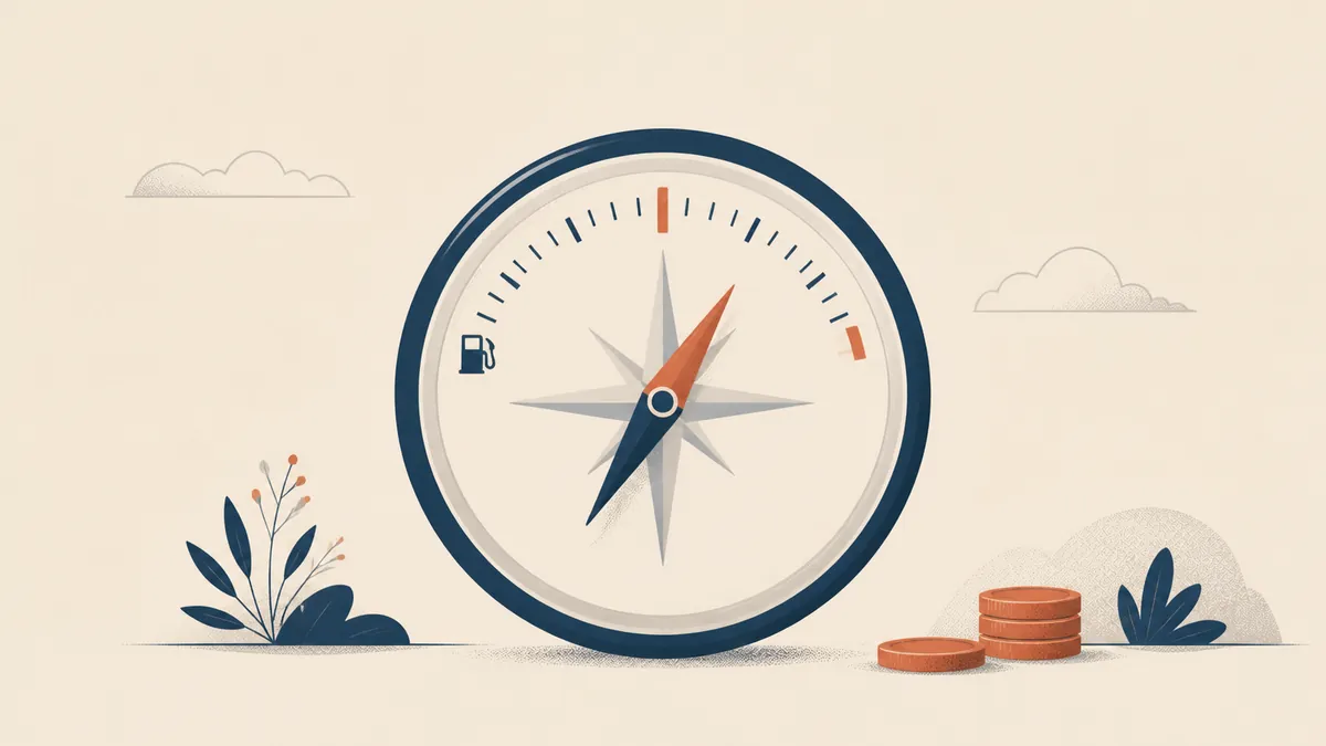 Illustration of a large compass face with a fuel pump symbol and its needle held steady, beside a small stack of terracotta coins