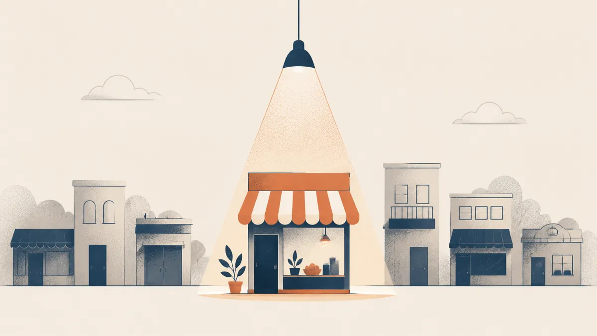 Illustration of a hanging lamp spotlighting one small shop with a terracotta awning in a street of unlit buildings