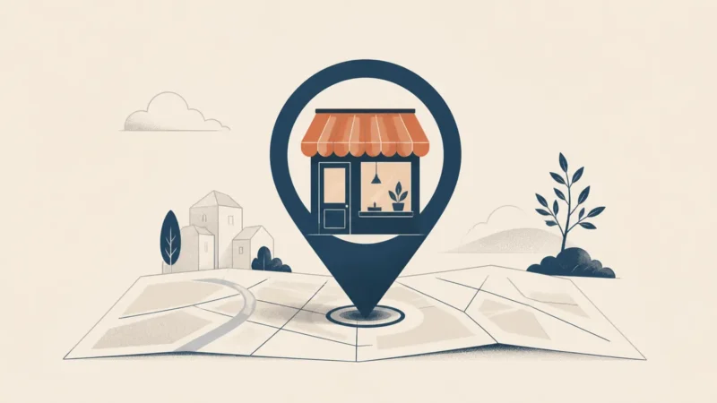 Illustration of a large map pin holding a shopfront with a terracotta awning, standing on an unfolded street map