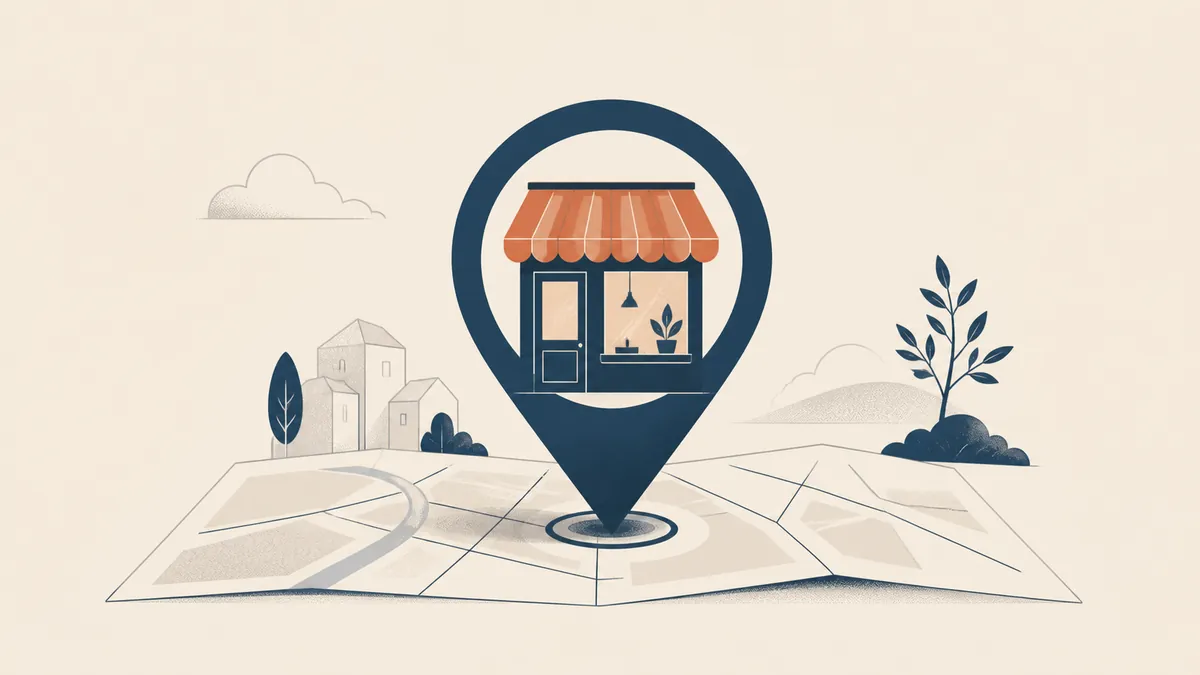 Illustration of a large map pin holding a shopfront with a terracotta awning, standing on an unfolded street map