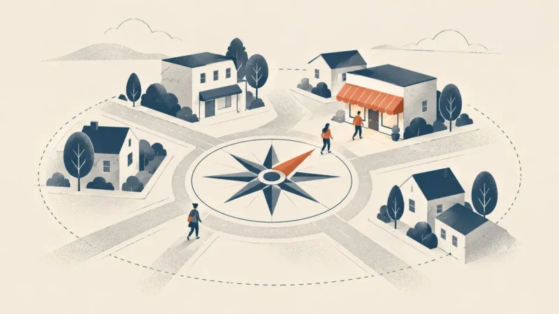 Illustration of a compass rose in a town square with its terracotta needle pointing to a corner shop with a terracotta awning, as people walk towards it