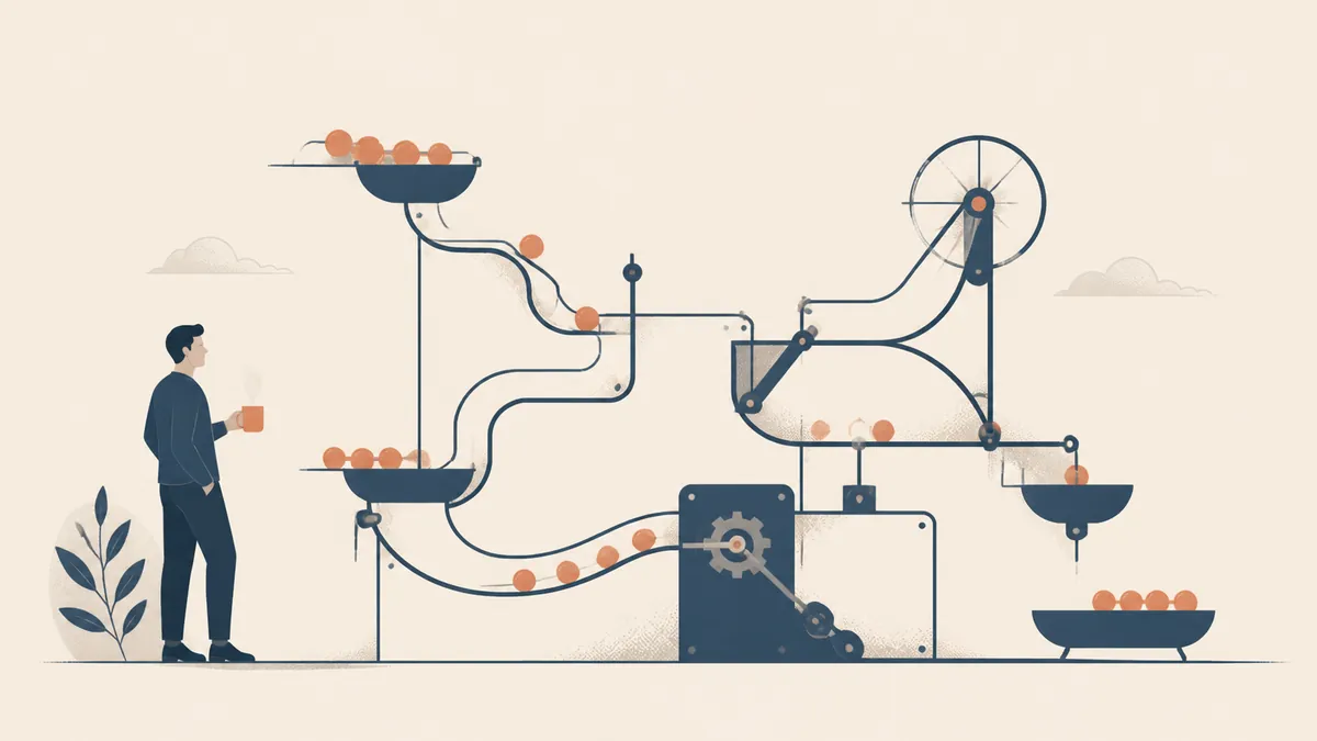 Illustration of a man holding a coffee mug watching a marble-run machine move terracotta balls between trays