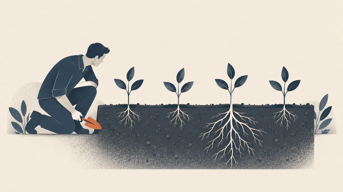 Illustration of a man kneeling with a terracotta trowel beside a soil cross-section where one of four young plants has far deeper roots