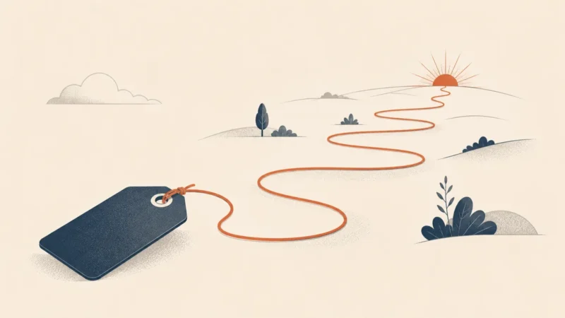 Illustration of a dark price tag whose terracotta string winds across rolling hills towards a rising sun