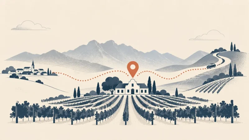 Illustration of a Cape Dutch homestead among vineyard rows below mountains, with a terracotta map pin and dotted paths arriving from a village and a car on a winding road