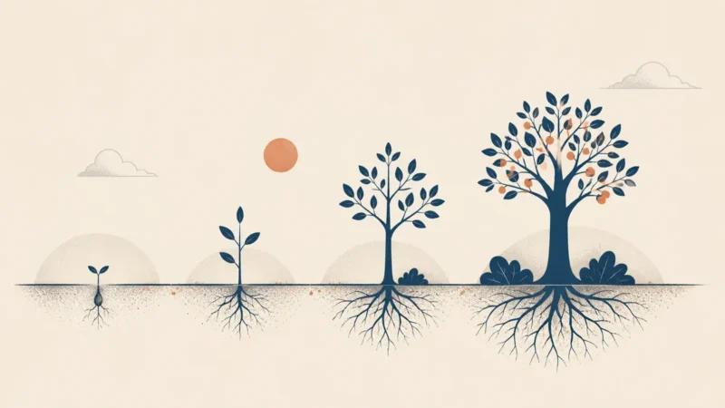 Illustration of a tree shown in four stages from seed to fruiting tree, its roots growing deeper below the ground at each stage