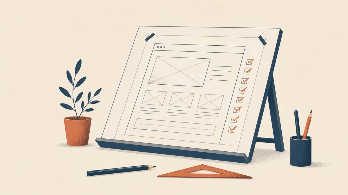 Illustration of a drafting board holding a website wireframe blueprint with a column of terracotta ticks along its edge