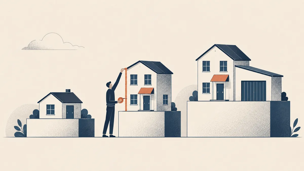 Illustration of a man measuring a double-storey house with a terracotta tape measure, between a small cottage and a larger house with a garage, each on its own plinth