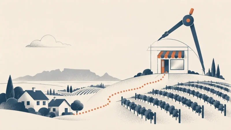 Illustration of a drafting compass drawing a shopfront on a hilltop above vineyard rows, with a dotted terracotta path from nearby houses and a flat-topped mountain in the distance