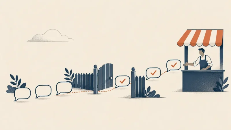 Illustration of speech bubbles queuing at a garden gate, with the ones carrying terracotta tick marks passing through to a shopkeeper at a stall